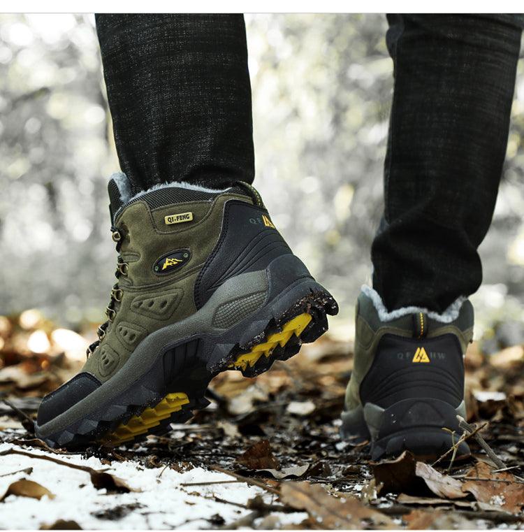 Winter Plush Warm Men's Boots by Stevvex olive green with black panels, yellow outsole on Tampa Home & Garden Store