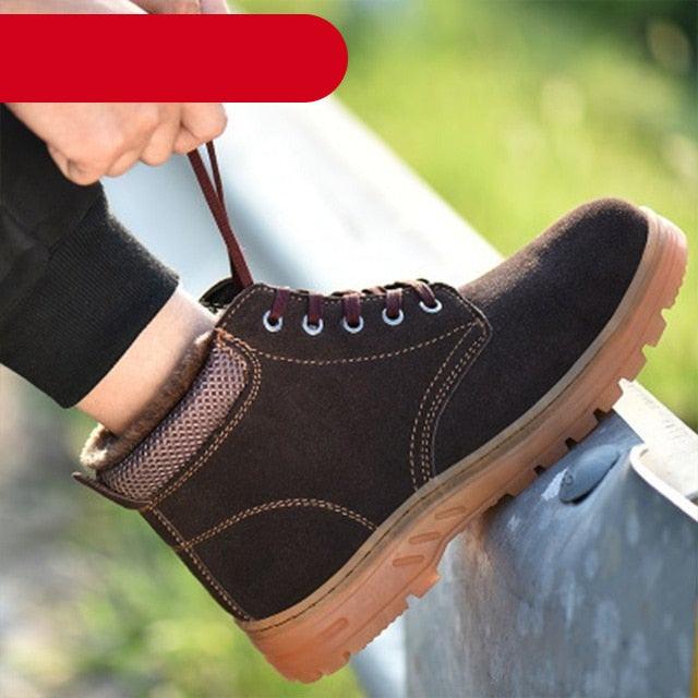 Stevvex brown suede winter safety boot with plush lining and non-slip rubber outsole on Tampa Home & Garden Store