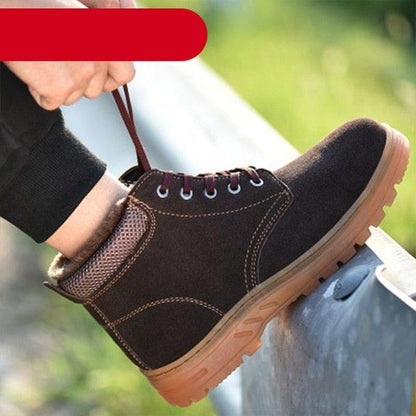 Stevvex brown suede winter safety boot with plush lining and non-slip rubber outsole on Tampa Home & Garden Store