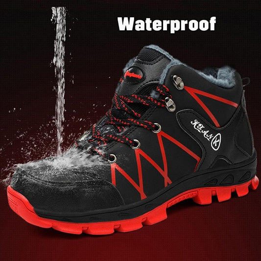 Stevvex winter safety boots waterproof black with red outsole, plush lining, ankle-high on Tampa Home & Garden Store