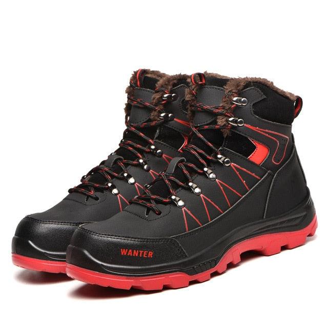 Stevvex Winter Safety Boots waterproof black pair with red outsole and plush fur lining on Tampa Home & Garden Store