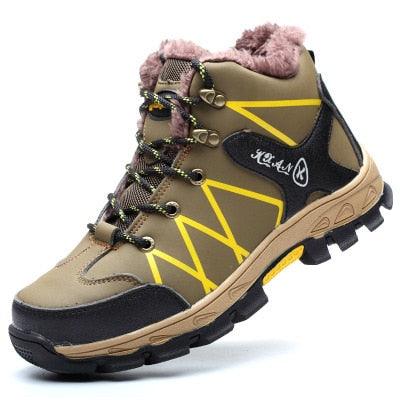 Stevvex winter safety boots tan waterproof with black toe guard and pink fur lining, sole on Tampa Home & Garden Store