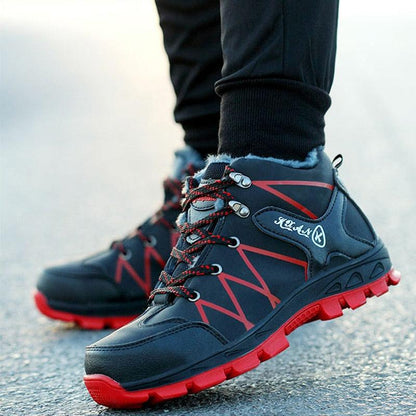 Stevvex men's winter waterproof boots navy blue with red outsole and faux fur collar on Tampa Home & Garden Store