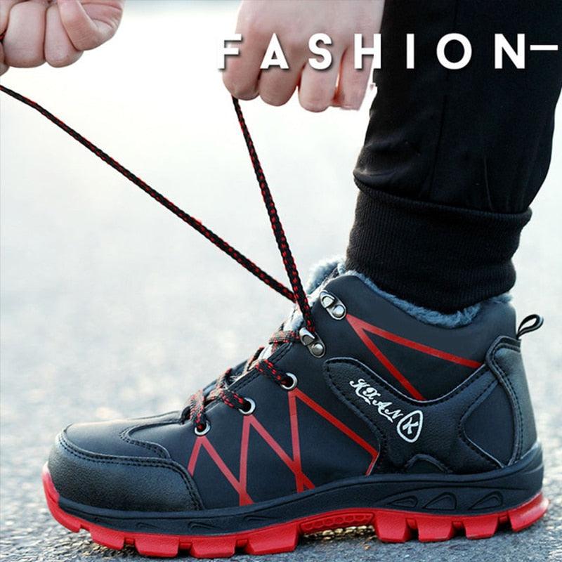 Winter safety boots waterproof Stevvex navy blue with red outsole and rugged tread on Tampa Home & Garden Store