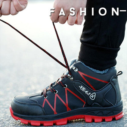 Winter safety boots waterproof Stevvex navy blue with red outsole and rugged tread on Tampa Home & Garden Store