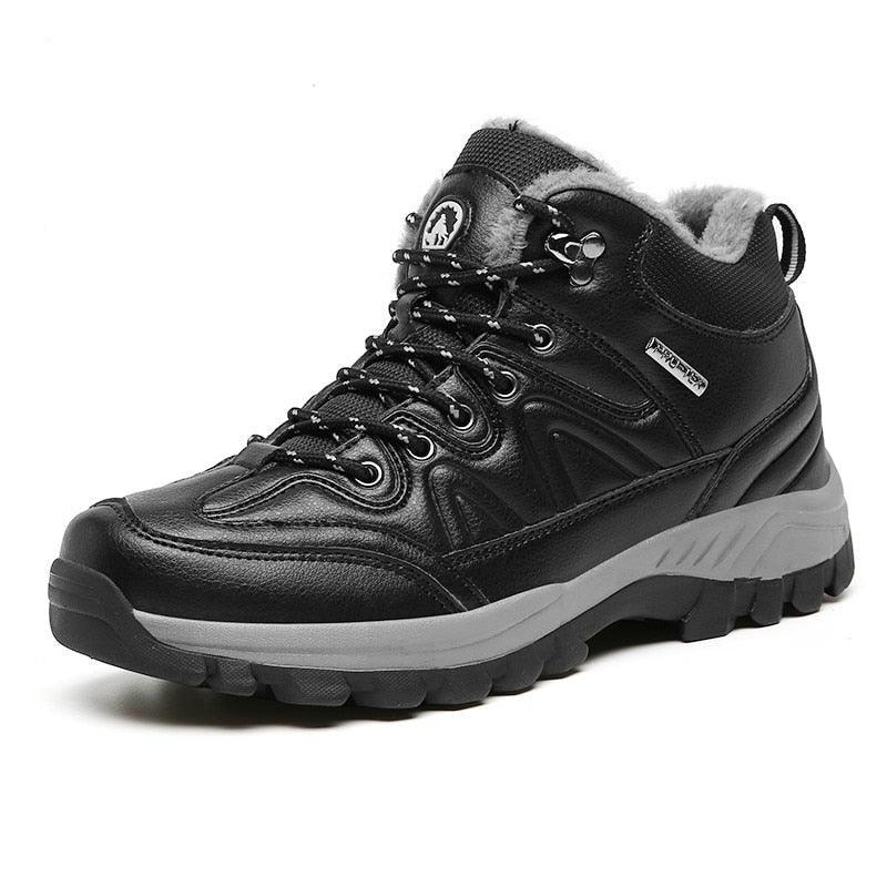 Stevvex black winter hiking boot with fur lining, waterproof leather, rugged gray sole on Tampa Home & Garden Store