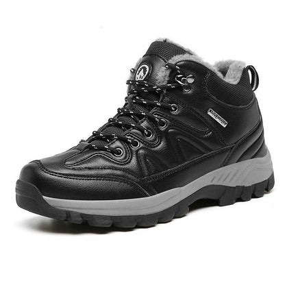 Stevvex black winter hiking boot with fur lining, waterproof leather, rugged gray sole on Tampa Home & Garden Store