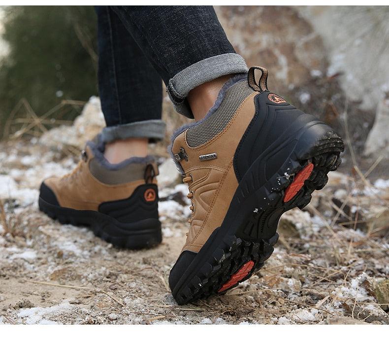 Stevvex winter snow boots tan leather hiking boots with rugged black outsole on Tampa Home & Garden Store