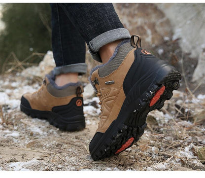 Stevvex winter snow boots tan leather hiking boots with rugged black outsole on Tampa Home & Garden Store