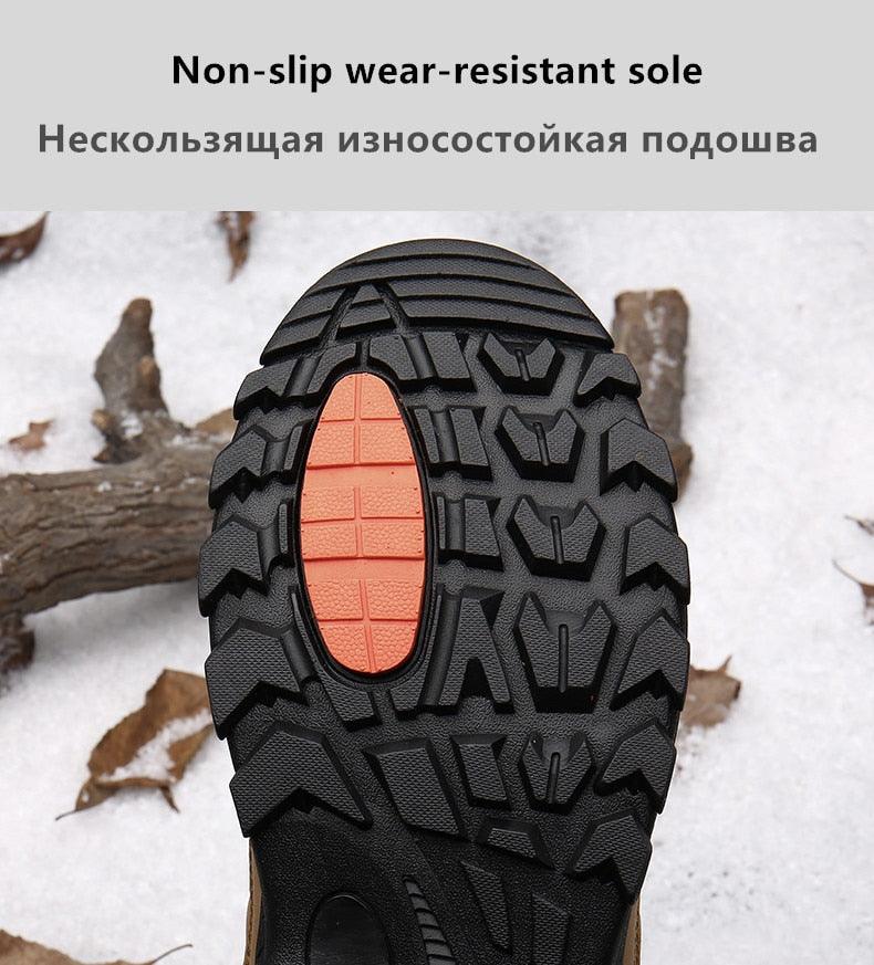 Stevvex winter snow boot outsole with rugged black tread and orange insert on snowy ground on Tampa Home & Garden Store