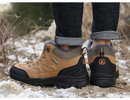 Stevvex men's winter waterproof leather hiking boots with fur lining tan upper black outsole on Tampa Home & Garden Store