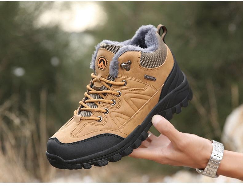 Stevvex men's winter waterproof leather hiking boot with fur lining and rugged black outsole on Tampa Home & Garden Store