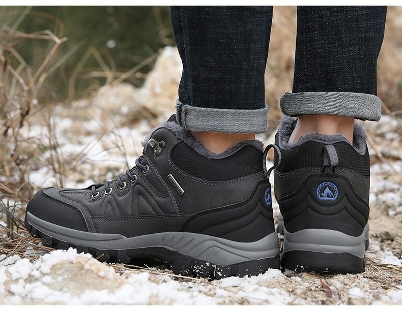 Stevvex waterproof winter boots pair black leather hiking boots with fur lining and sole on Tampa Home & Garden Store