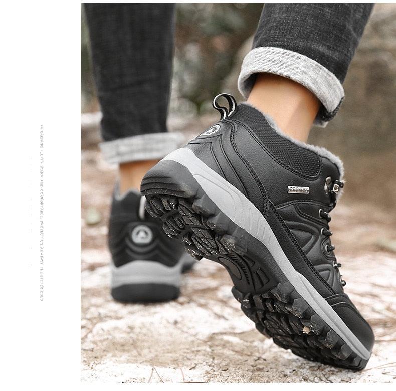 Stevvex winter waterproof leather hiking boots, black fur lining and rugged traction on Tampa Home & Garden Store