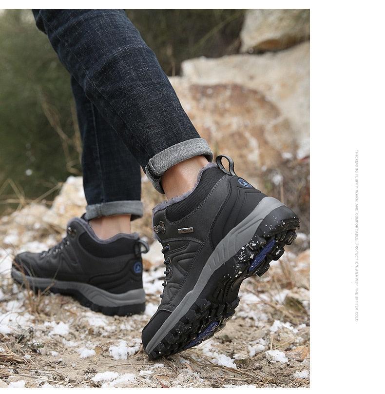 Stevvex winter snow boots waterproof leather, black with gray sole, fur-lined hiking boots on Tampa Home & Garden Store