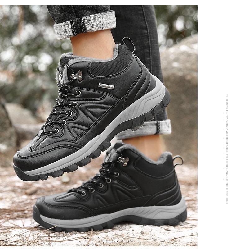 Stevvex black waterproof leather winter hiking boots with fur lining and rugged grey outsole on Tampa Home & Garden Store