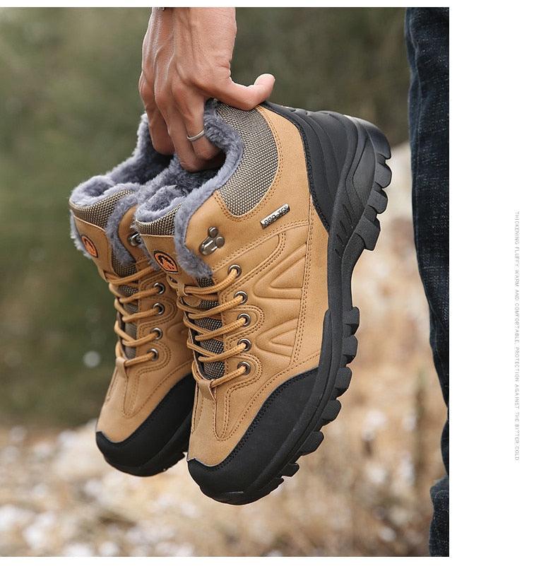 Stevvex winter snow boots tan leather with grey fur lining and black rugged outsole on Tampa Home & Garden Store