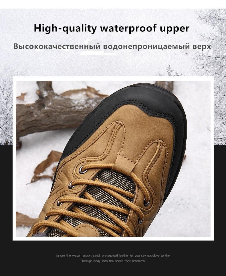 Stevvex winter waterproof leather hiking boot tan with black toe cap, lace-up outsole for men on Tampa Home & Garden Store