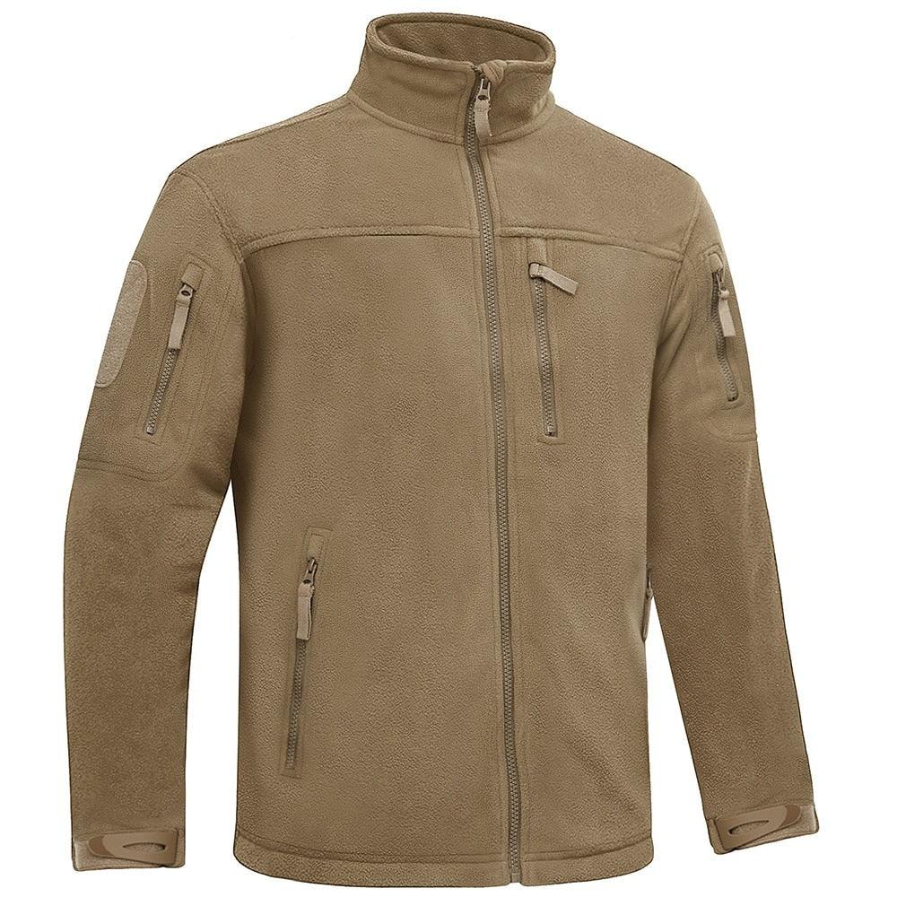 Stevvex winter fleece jacket for men in tan with multiple zip pockets and high collar on Tampa Home & Garden Store
