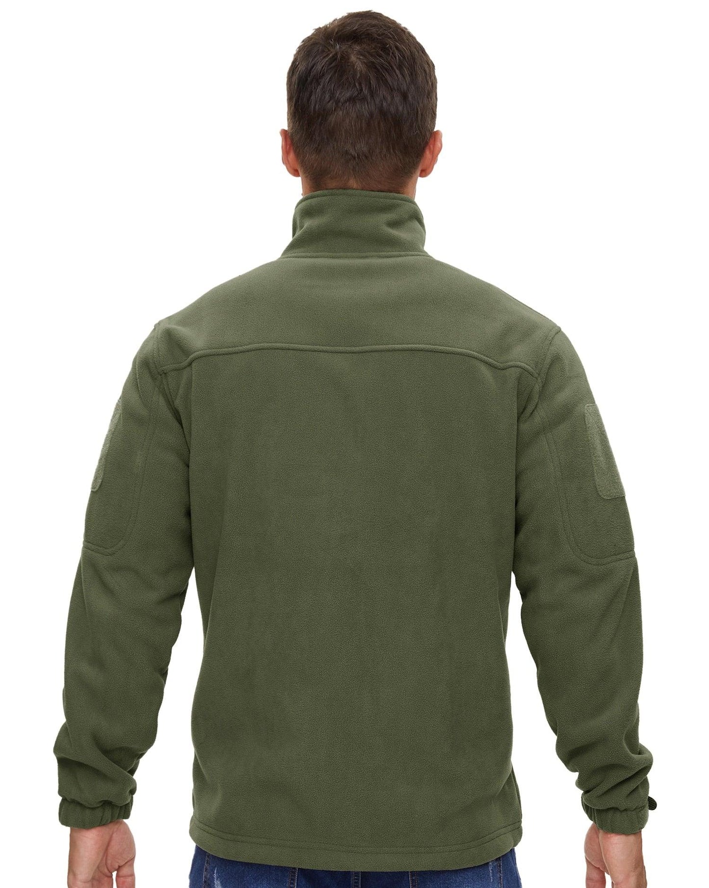 Winter tactical fleece jacket back view in olive green with high collar and elastic cuffs on Tampa Home & Garden Store