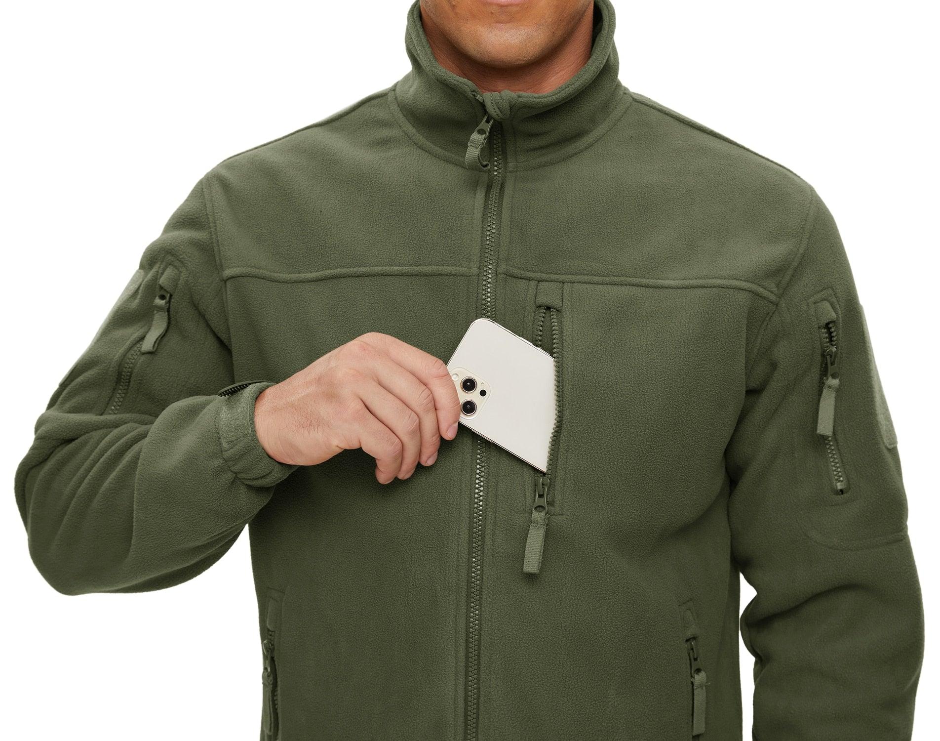 Stevvex men's winter fleece jacket olive green with front zip and multiple pockets on Tampa Home & Garden Store