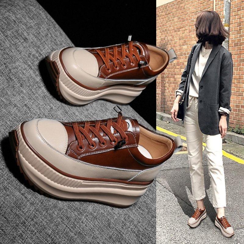 Stevvex women's brown beige leather platform sneakers, high-top lace-up, thick sole 7cm, pair on Tampa Home & Garden Store