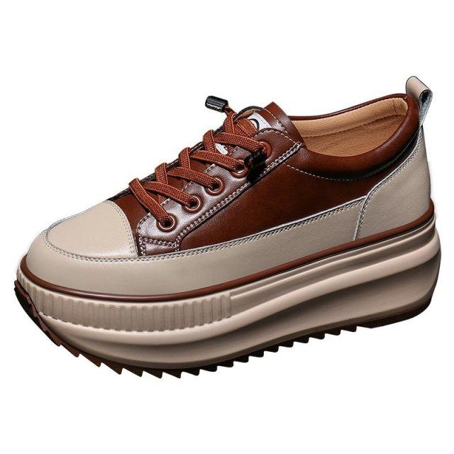 Stevvex women lace-up platform sneakers brown beige leather upper chunky 7cm sole on Tampa Home & Garden Store