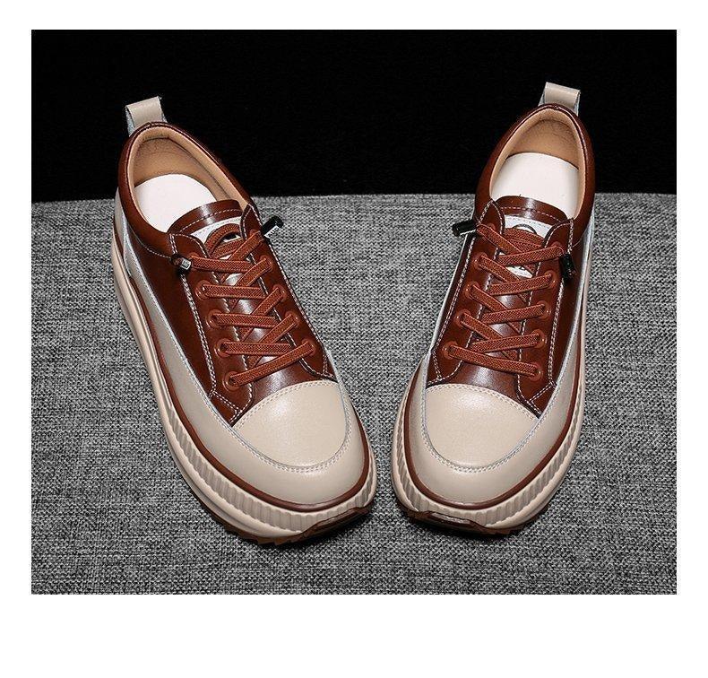 Stevvex pair of high-top platform sneakers in brown and beige leather, lace-up, chunky sole on Tampa Home & Garden Store