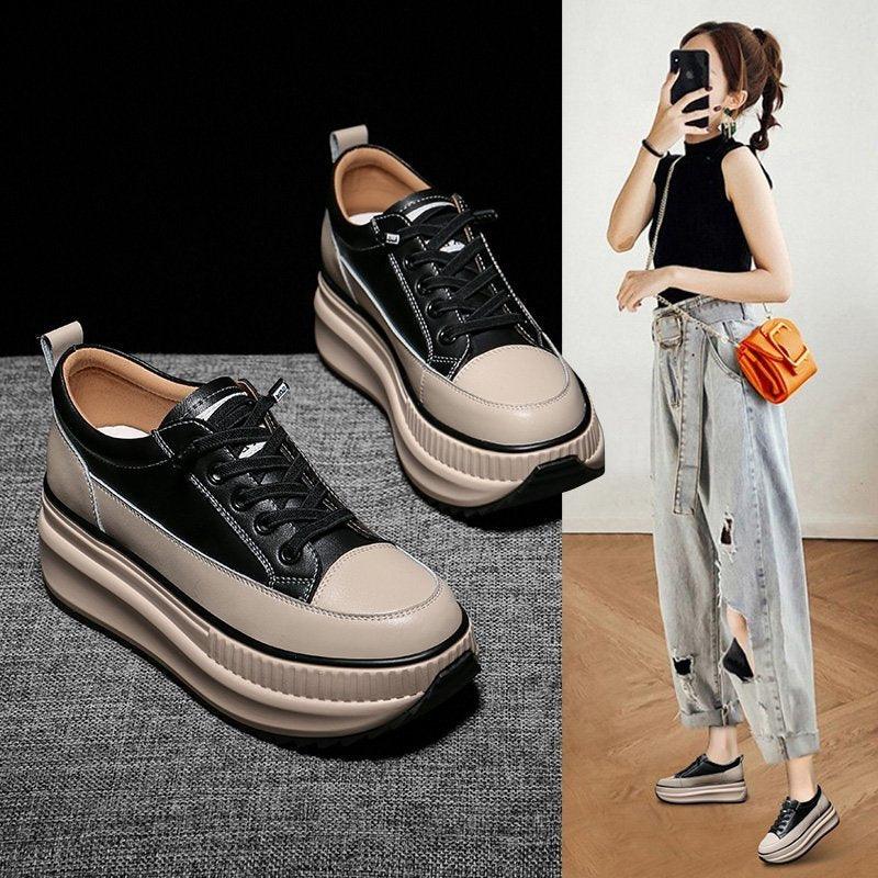 Stevvex women's winter platform sneakers black beige leather with lace-up front and 7cm sole on Tampa Home & Garden Store