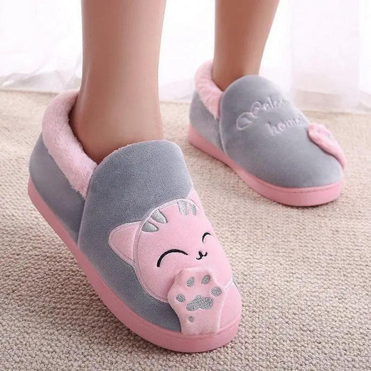 Stevvex Women's Winter Warm Cat Slippers, gray with pink plush lining and non-slip sole on Tampa Home & Garden Store
