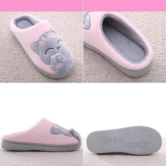 Pink Stevvex women’s plush cat slippers with gray cat face and soft lining, non-slip sole on Tampa Home & Garden Store