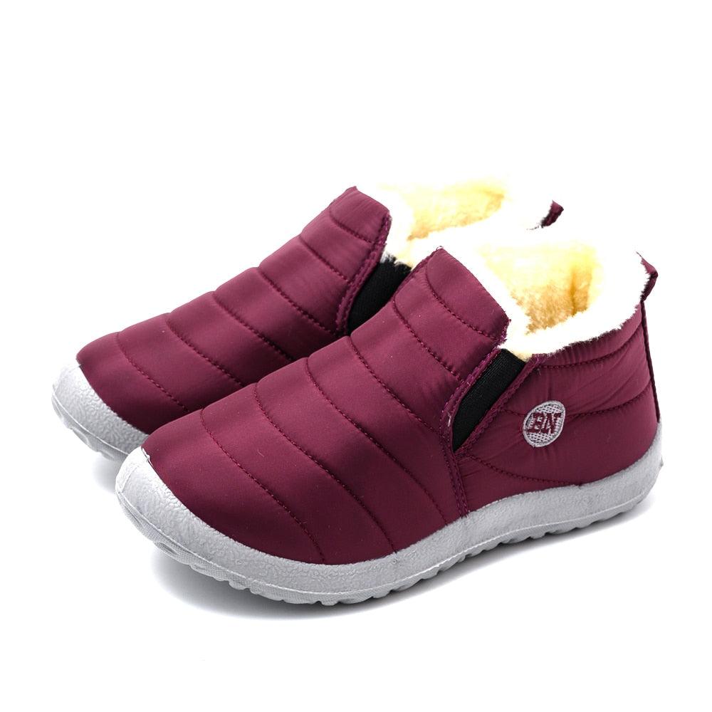 Stevvex burgundy quilted winter boots, waterproof ankle booties with fluffy fur lining on Tampa Home & Garden Store