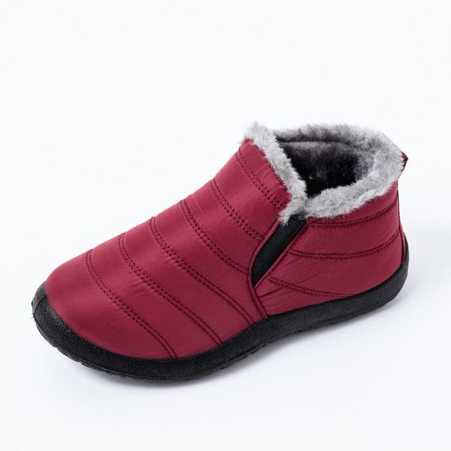Stevvex red winter waterproof slip-on ankle boot with plush fur lining and black sole on Tampa Home & Garden Store