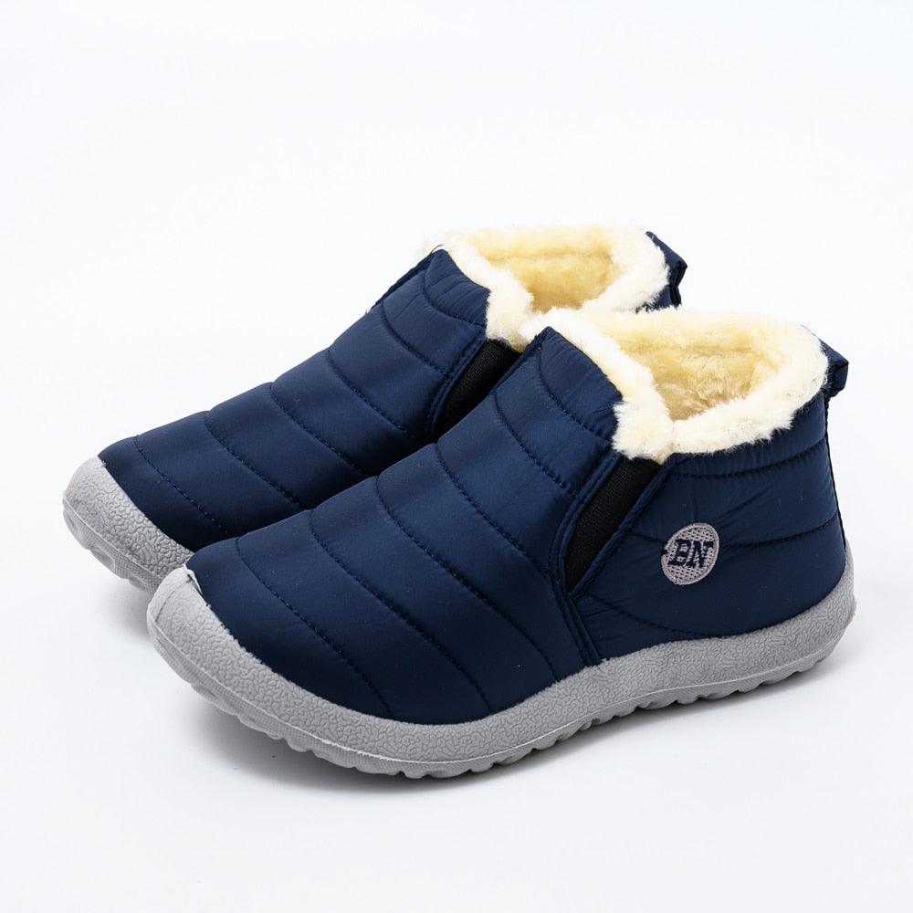 Winter boots navy blue quilted pair with plush fur lining, waterproof slip-on ankle booties on Tampa Home & Garden Store