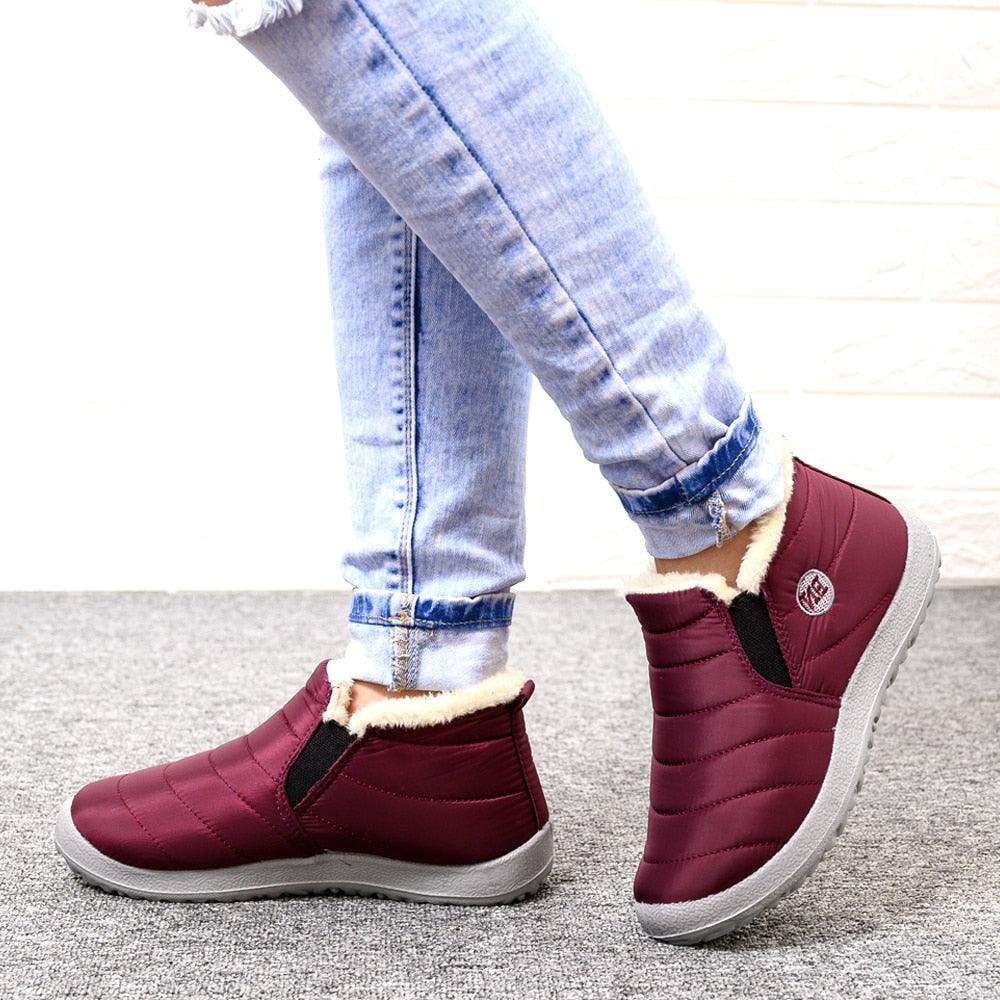 Winter Women Boots burgundy quilted faux fur ankle boots with slip-on elastic sides Stevvex on Tampa Home & Garden Store