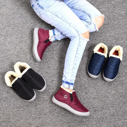 Stevvex winter boots burgundy fur-lined slip-on ankle boots; three color options shown on Tampa Home & Garden Store