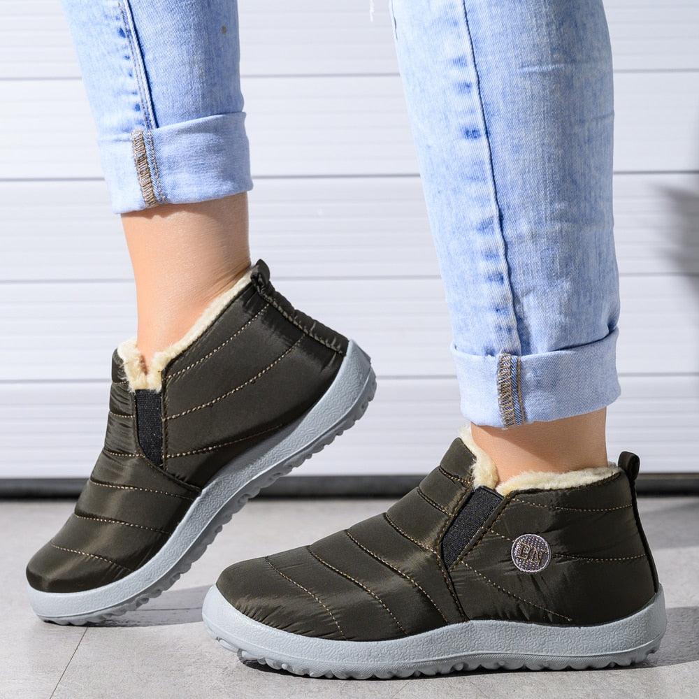 Stevvex women's winter waterproof ankle boots with faux fur lining and anti-slip grey sole on Tampa Home & Garden Store