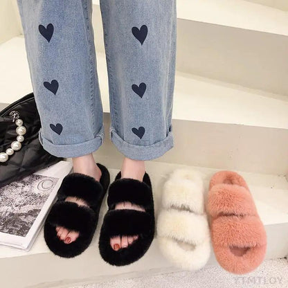 Winter Women Furry Slippers Open Toe Cozy Indoor