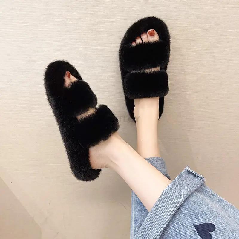 Winter Women Furry Slippers Open Toe Cozy Indoor