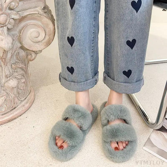 Stevvex grey faux fur open-toe two-strap house slippers for women, plush indoor slides on Tampa Home & Garden Store