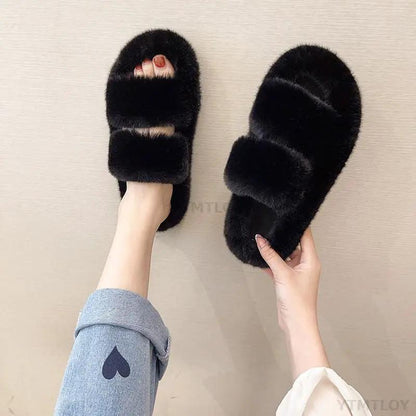 Winter Women Furry Slippers Open Toe Cozy Indoor
