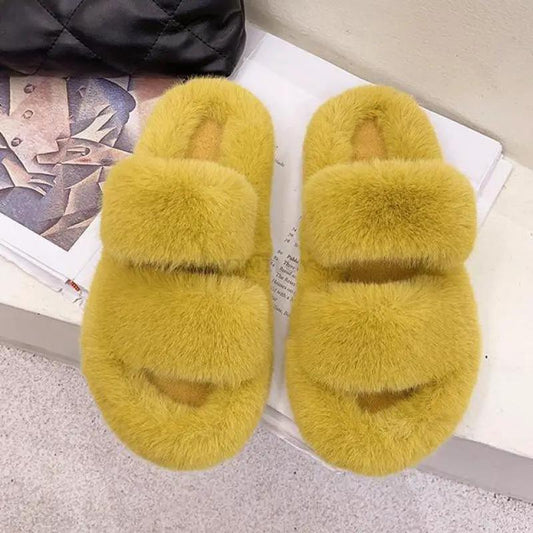 Slippers Stevvex yellow plush faux fur open-toe slides for home, cozy indoor footwear pair on Tampa Home & Garden Store