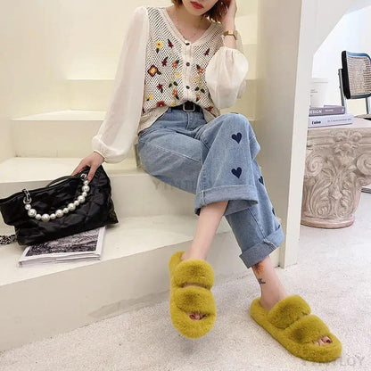 Winter Women Furry Slippers Open Toe Cozy Indoor