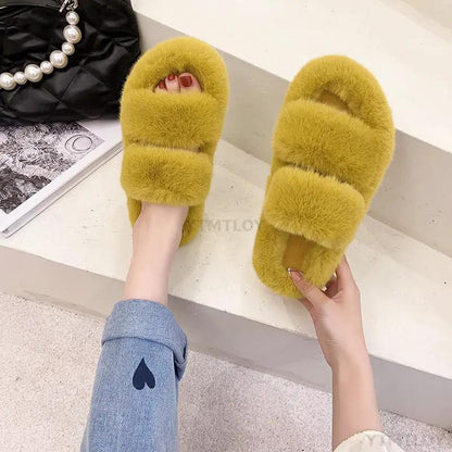 Winter Women Furry Slippers Open Toe Cozy Indoor