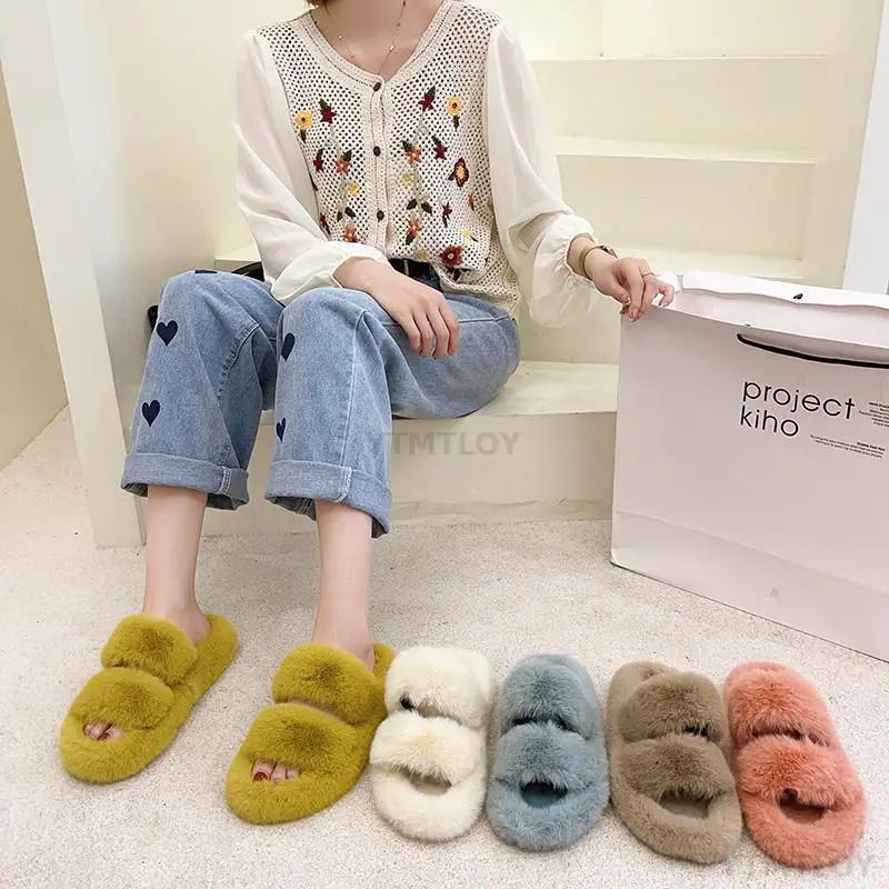 Winter Women Furry Slippers Open Toe Cozy Indoor