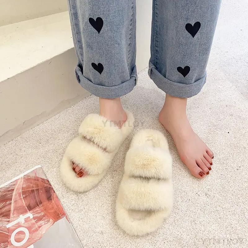 Winter Women Furry Slippers Open Toe Cozy Indoor