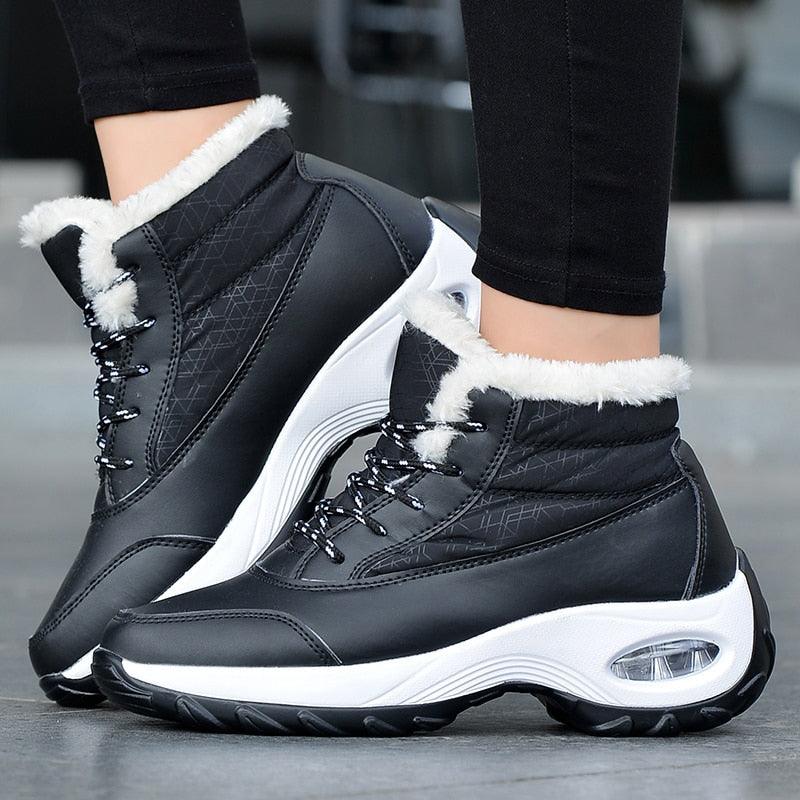 Stevvex winter women's sneakers pair black faux leather with fur lining and anti-slip sole on Tampa Home & Garden Store