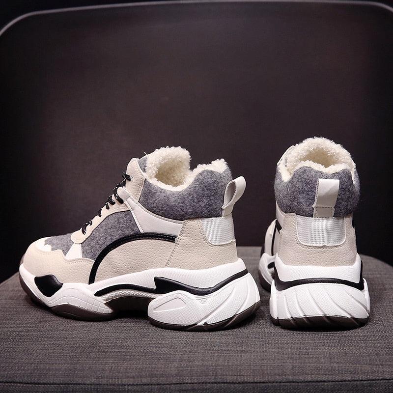 Stevvex winter women's sneakers pair in gray and beige with fluffy fur lining and chunky outsole on Tampa Home & Garden Store