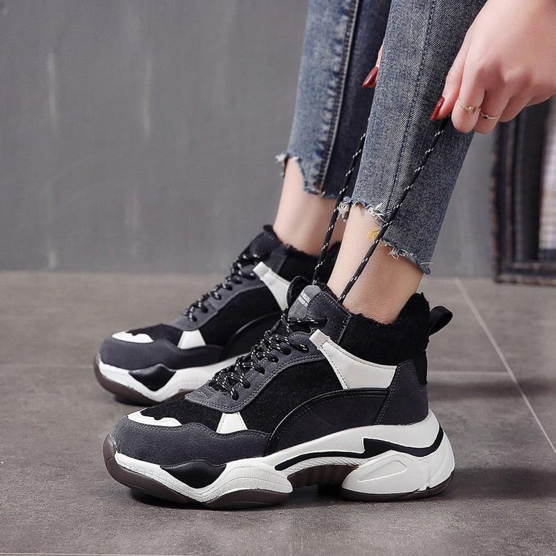 Stevvex winter women's sneakers black/white, faux fur lining and chunky anti-slip sole on Tampa Home & Garden Store