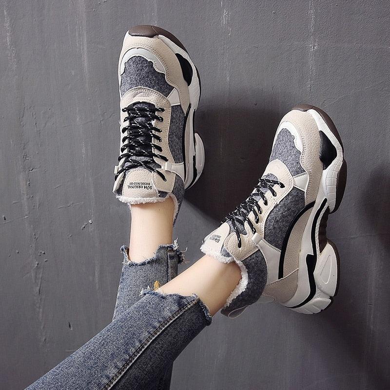 Winter womens sneakers Stevvex, grey cream fur-lined, anti-slip chunky sole on Tampa Home & Garden Store